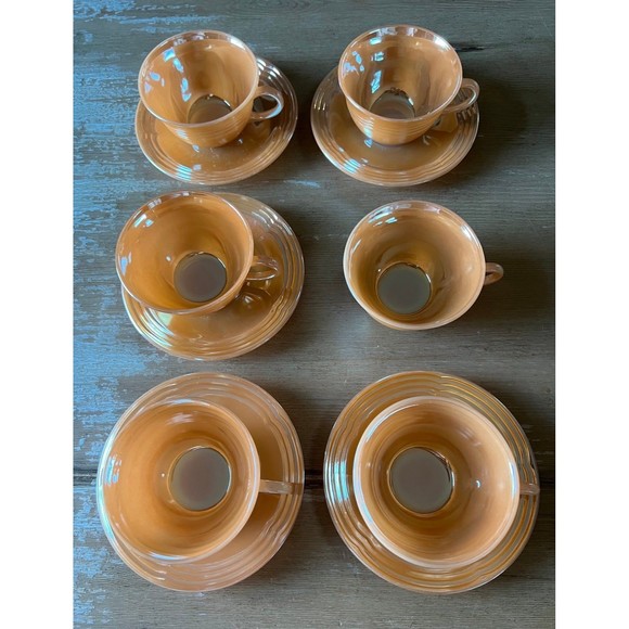 1950s Fire King Peach Luster Three Bands Kitchenware Set 6 Coffee Cups & Saucers